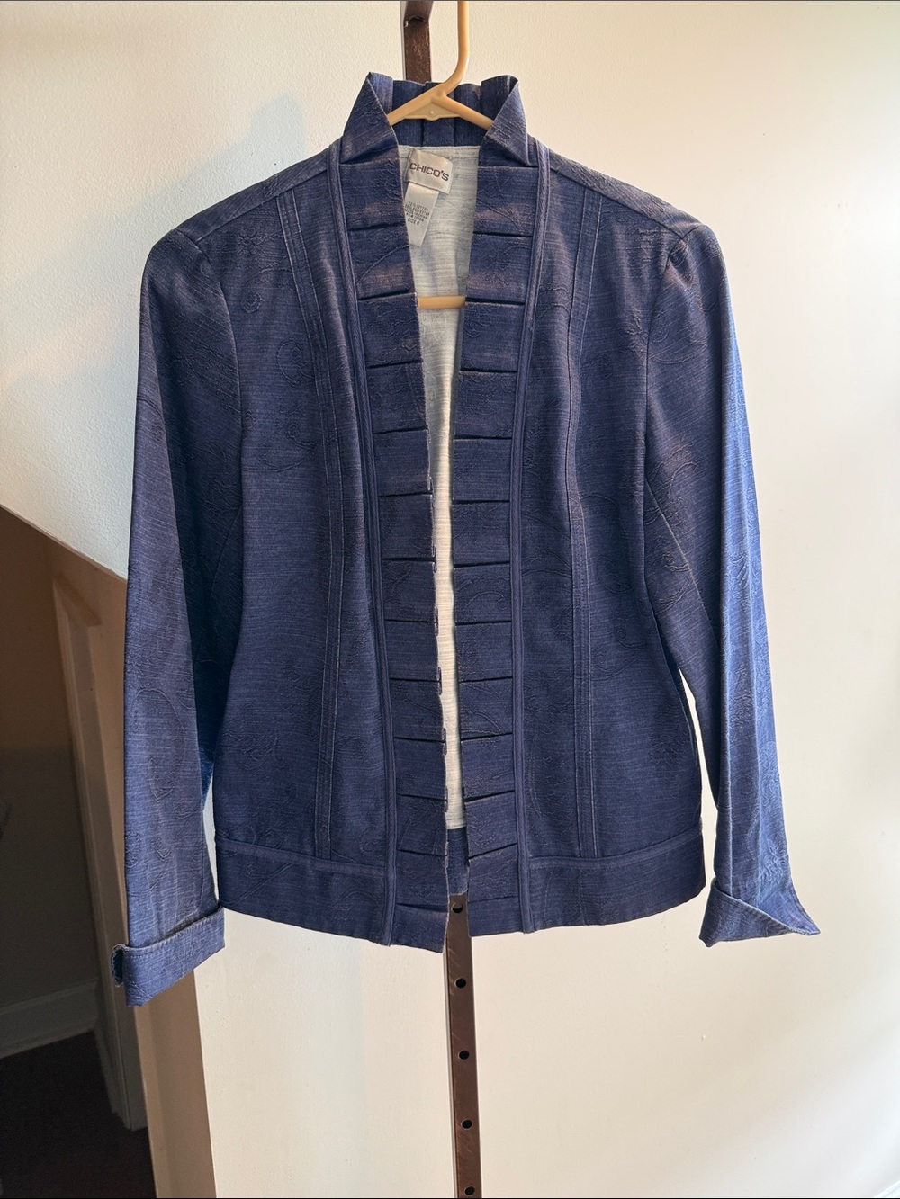 Chico’s Navy Blue Structured Open-Front Jacket